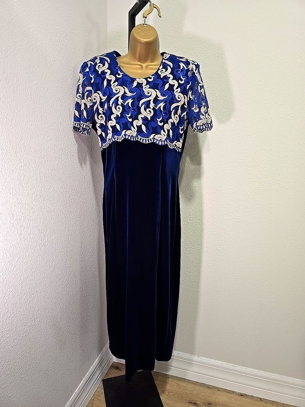 Blue Velvet Midi Dress Large Empire Waist Metallic Formal Cocktail Old Hollywood